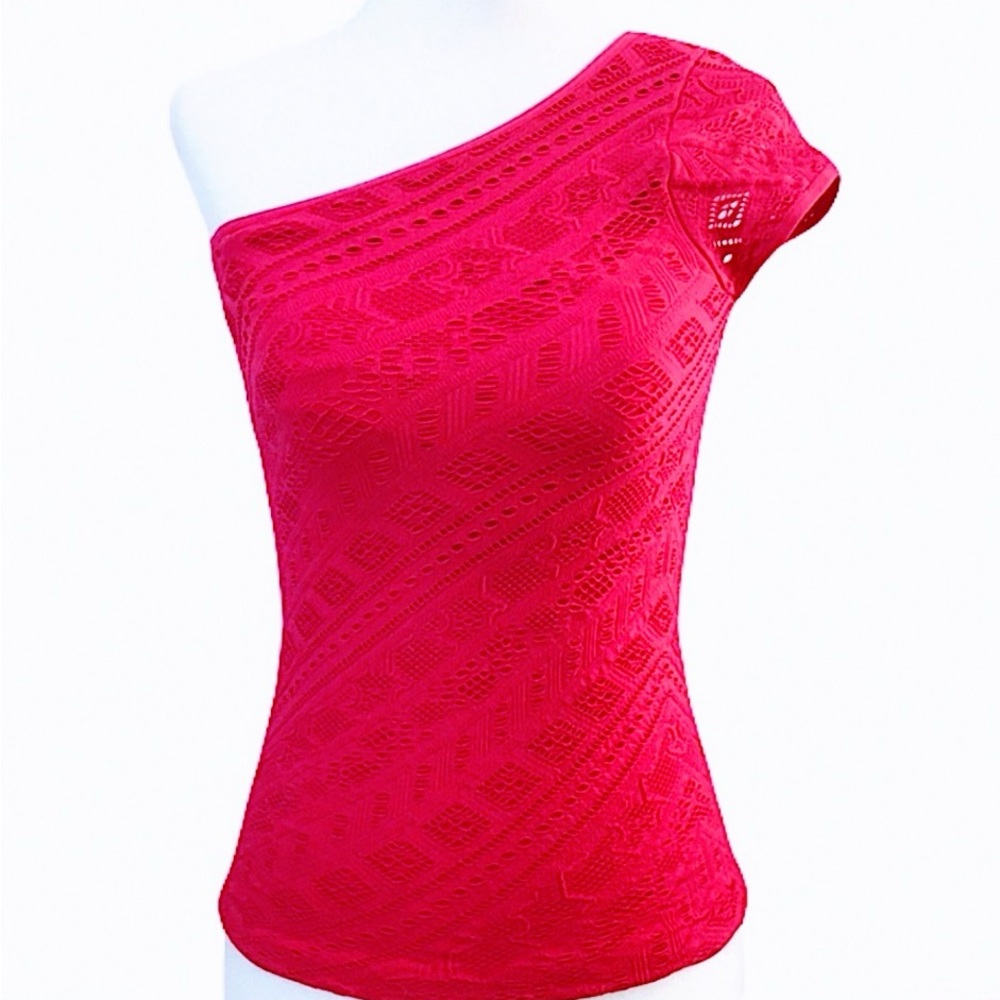 Bebe One Shoulder Textured Stretch Top Hot Pink Size P/S